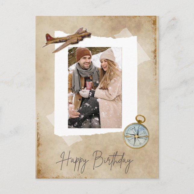 Vintage Aeroplane & Compass with Photo.Aviation Holiday Postcard (Front)