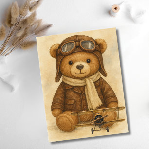 Vintage Aeroplane Cute Teddy Bear Aviator Aviation Postcard