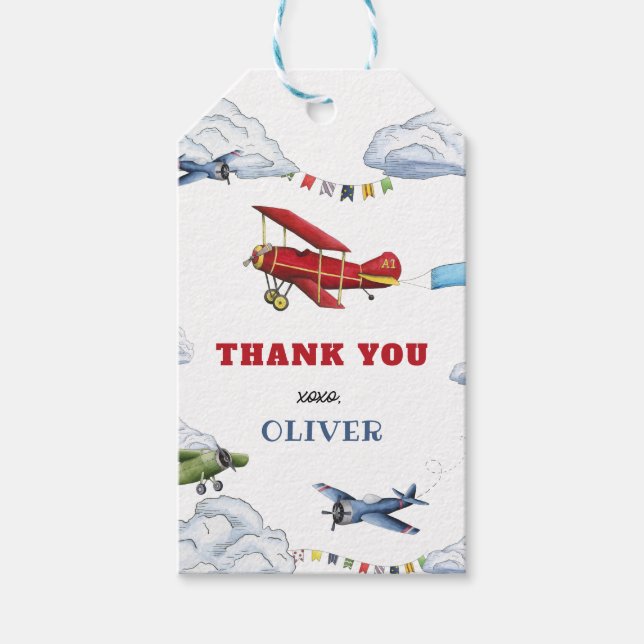 Vintage Aeroplane First Birthday Favour Tags (Front)