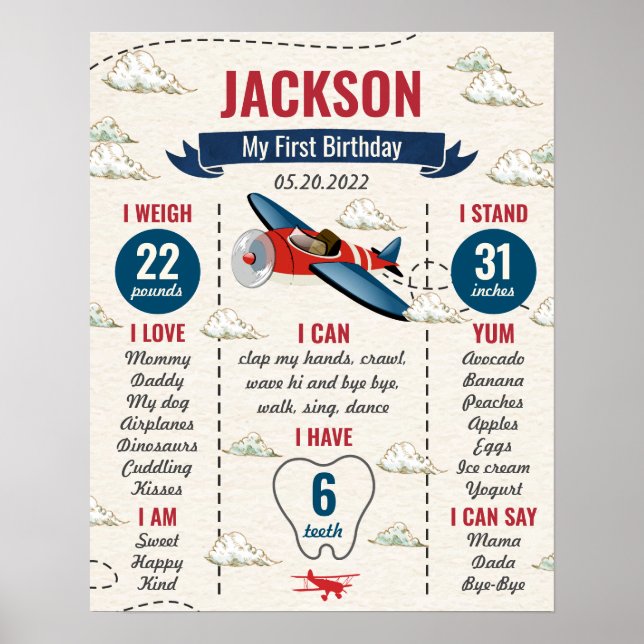 Vintage Aeroplane First Birthday Milestone Sign  (Front)