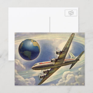 Vintage Aeroplane Flying Around the World in Cloud Postcard