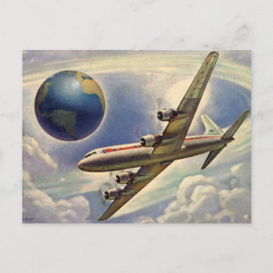 Vintage Aeroplane Flying Around the World in Cloud Postcard
