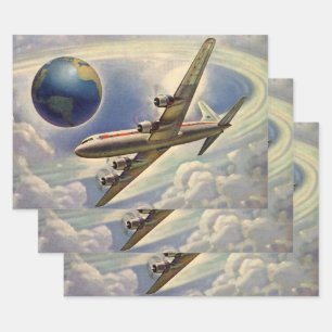 Vintage Aeroplane Flying Around the World in Cloud Wrapping Paper Sheet