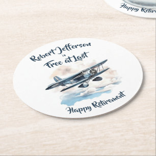 Vintage Aeroplane Free at Last Blue Retirement Round Paper Coaster