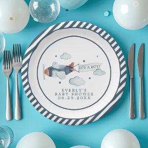 Vintage Aeroplane It's A Boy Baby Shower Paper Plate