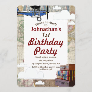 Vintage Aeroplane & Luggage World Travel Birthday Invitation
