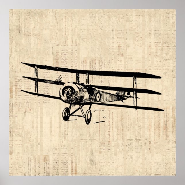 Vintage Aeroplane Old Antique Plane Illustration Poster (Front)