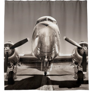 vintage aeroplane on a runway shower curtain