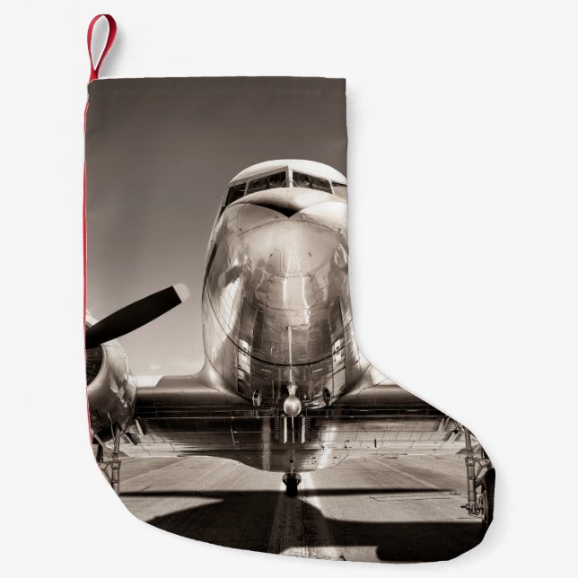 vintage aeroplane on a runway small christmas stocking (Front)