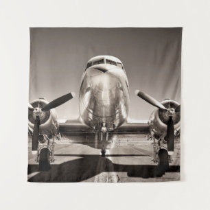 vintage aeroplane on a runway tapestry