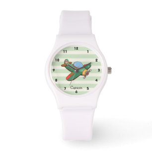 Vintage Aeroplane on Pastel Green Stripes Watch