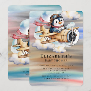 Vintage Aeroplane Penguin Boy Baby Shower  Invitation