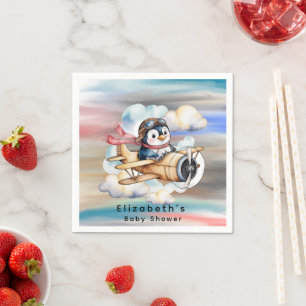 Vintage Aeroplane Penguin Boy Baby Shower Napkin