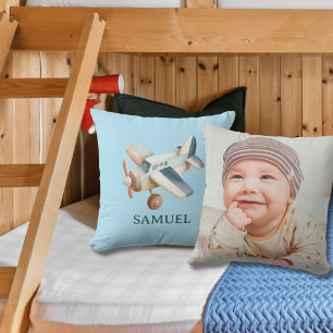 Vintage Aeroplane Photo Watercolor Baby Boy Blue Cushion