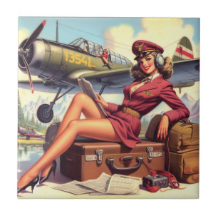 Vintage Aeroplane Pin-Up Illustration Ceramic Tile