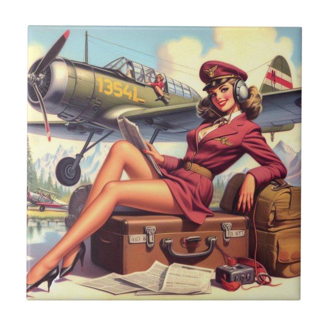 Vintage Aeroplane Pin-Up Illustration Ceramic Tile (Front)