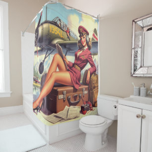 Vintage Aeroplane Pin-Up Illustration Shower Curtain