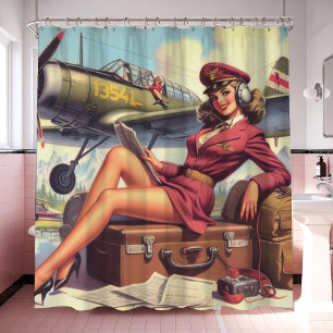Vintage Aeroplane Pin-Up Illustration Shower Curtain