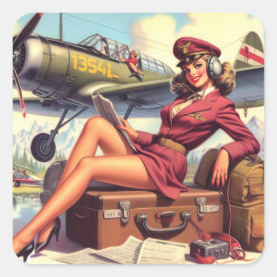 Vintage Aeroplane Pin-Up Illustration Square Sticker