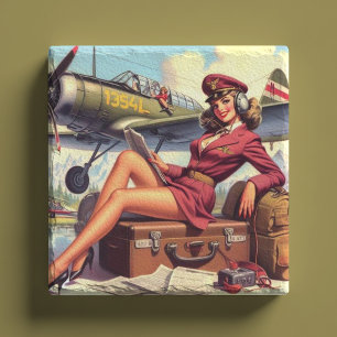 Vintage Aeroplane Pin-Up Illustration Stone Coaster