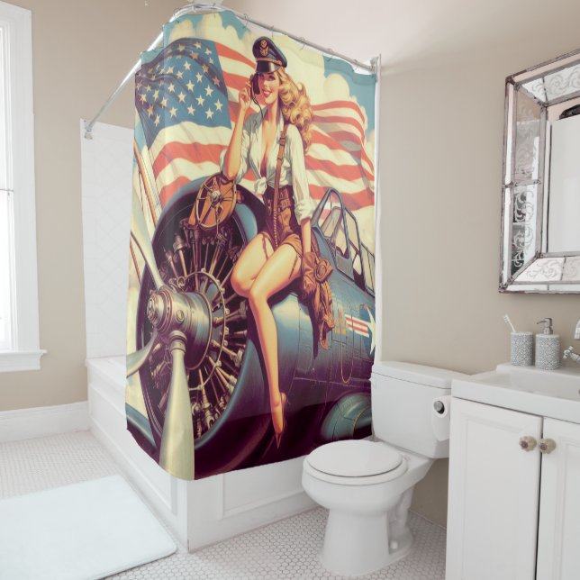 Vintage Aeroplane Pin-up Shower Curtain (In Situ)