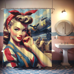 Vintage Aeroplane Pin Up Shower Curtain