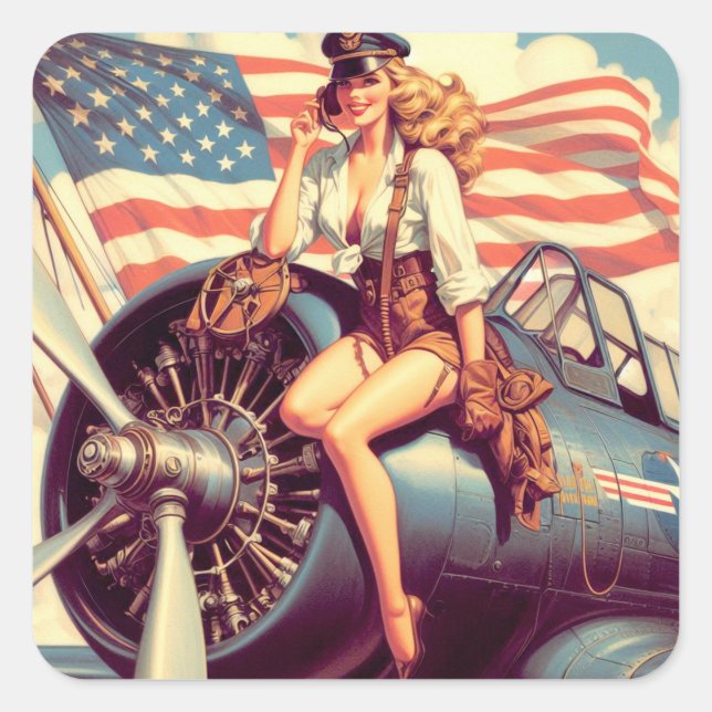 Vintage Aeroplane Pin-up Square Sticker (Front)