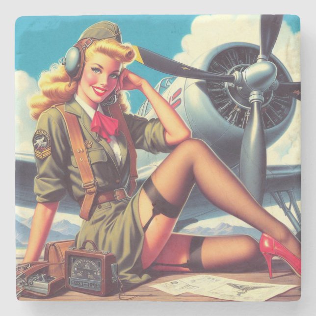 Vintage Aeroplane Pin-Up Stone Coaster (Front)