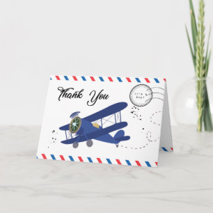 Vintage Aeroplane Plane Blue Baby Shower Thank You Card
