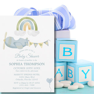 Vintage Aeroplane Rainbow Clouds Boy Baby Shower Invitation