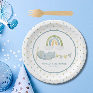 Vintage Aeroplane Rainbow Clouds Boy Baby Shower  Paper Plate