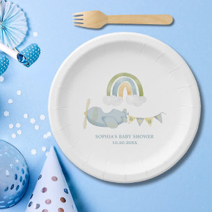Vintage Aeroplane Rainbow Clouds Boy Baby Shower  Paper Plate