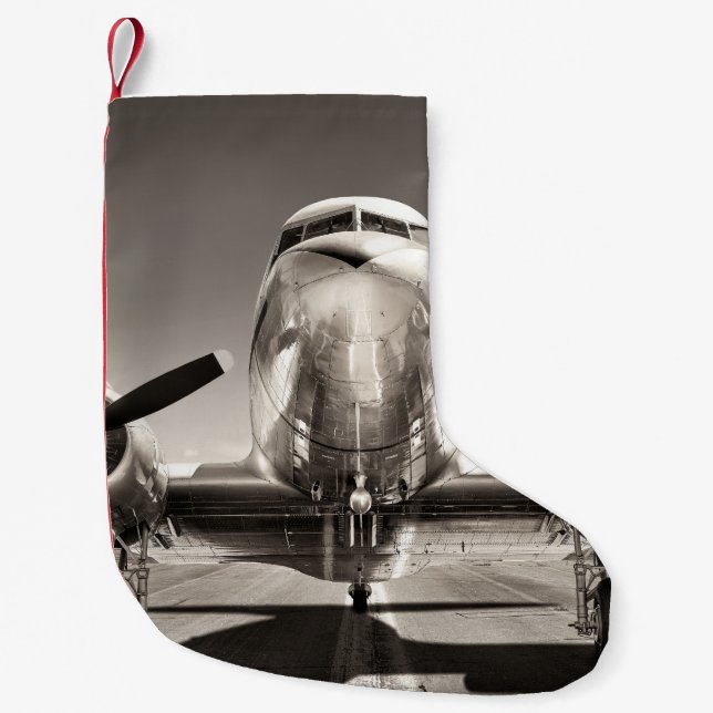 Vintage Aeroplane Runway Scene Small Christmas Stocking (Front)
