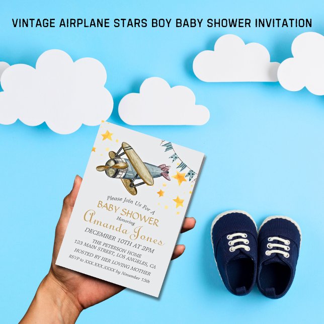 Vintage Aeroplane Stars Boy Baby Shower Invitation (Vintage Airplane Stars Boy Baby Shower Invitation)