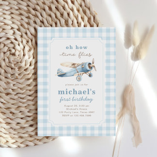 Vintage Aeroplane Time Flies Travel 1st Birthday Invitation
