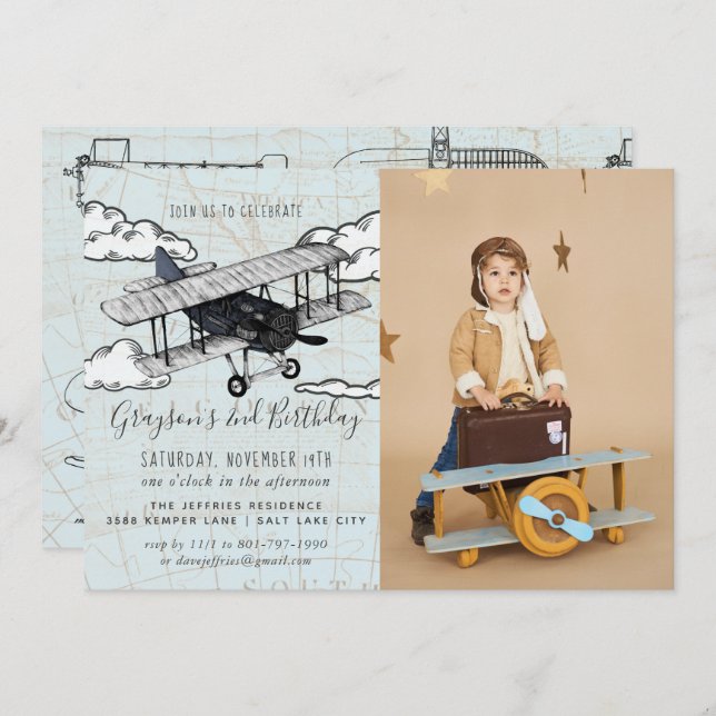Vintage Aeroplane | Travel Birthday Party Invitation (Front/Back)