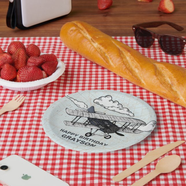 Vintage Aeroplane | Travel Birthday Party Paper Plate (Picnic)