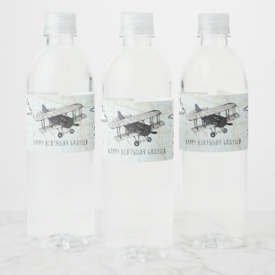 Vintage Aeroplane Travel Party Water Bottle Label