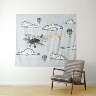 Vintage Aeroplane   Travel Theme Party Backdrop Tapestry