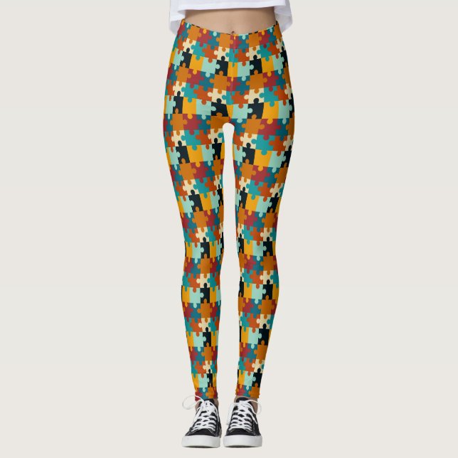 Vintage Aesthetic Puzzle Pieces Pattern Leggings (Front)