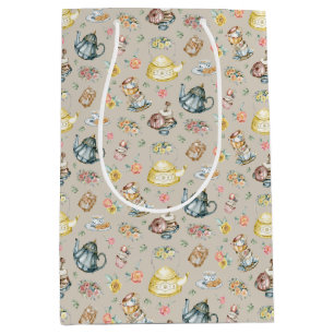 Vintage Afternoon Tea & Roses Pattern on Beige Medium Gift Bag