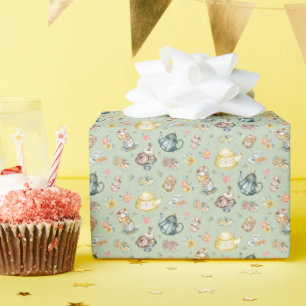 Vintage Afternoon Tea & Roses Pattern on Green Wrapping Paper