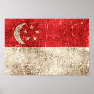 Vintage Aged and Scratched Flag of Singapore Poster