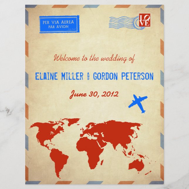 Vintage Air Mail Wedding Program Flyer: Distressed (Front)