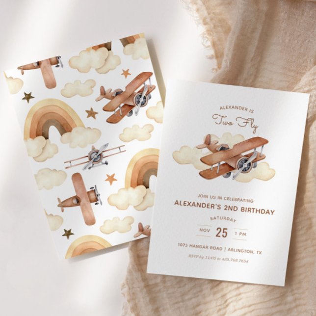 Vintage Aircraft Biplane Two Fly Birthday Invitation (Creator Uploaded)