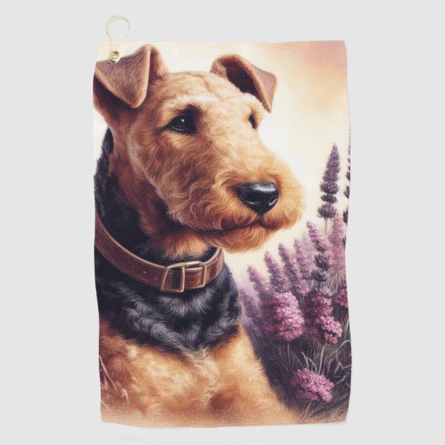 Vintage Airedale Terrier Painting Golf Towel (Front)