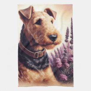 Vintage Airedale Terrier Painting Tea Towel