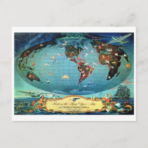 Vintage Airline Route World Map Travel Postcard