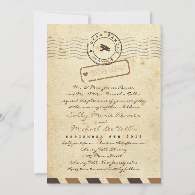 Vintage Airmail Love Letter Wedding Invitation (Front)