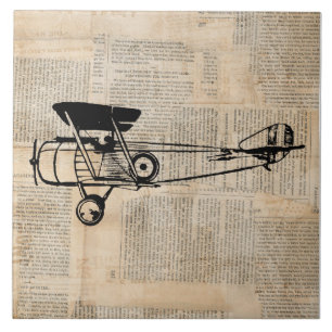 Vintage Airplane Antique Plane on Newspaper Text Ceramic Tile